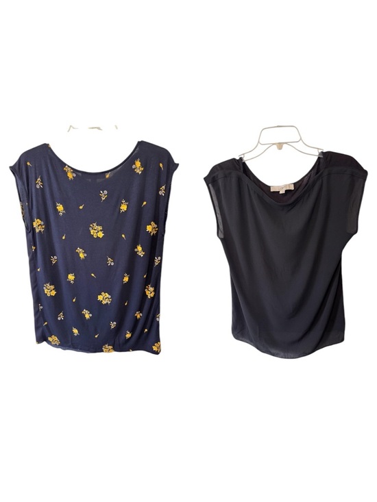 LOFT Tops - 2 Loft Short Sleeve Sheer Tops Sz Small Oversized Navy Yellow Flowers &All Black